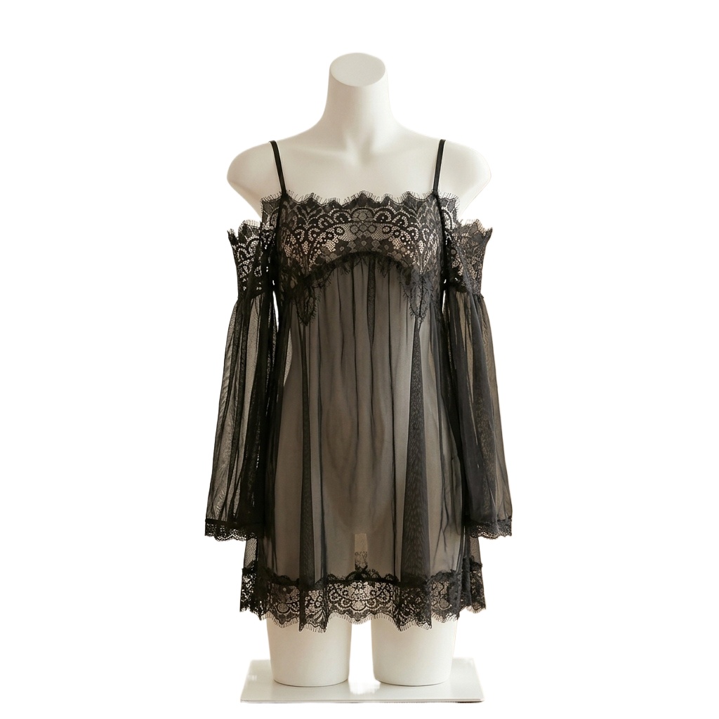 Babydoll Chemise Night - 여성용 검은색 속눈썹 레이스 베이비돌 란제리,