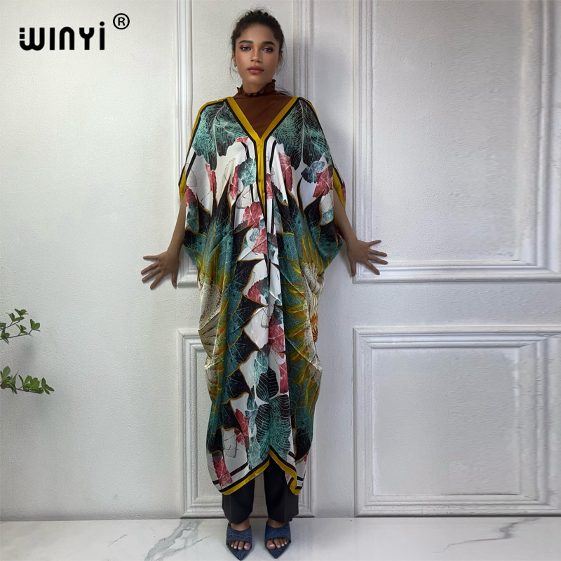 Robe Silk Women - WINYI 아프리카 V넥 원피스 프린트 비치