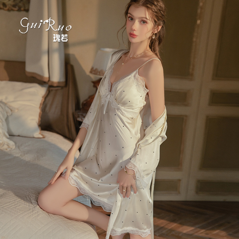 Robe Silk Women - 스위트 아이스 실크 새틴 도트 프린트