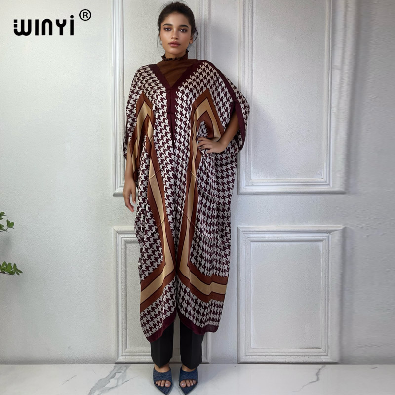 Robe Silk Women - WINYI 아프리카 V넥 원피스 프린트 비치